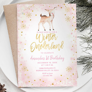 Hirschblush Pink Winter Onederland Geburtstag Einladung
