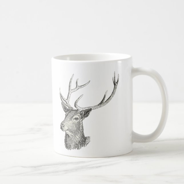 Hirschbuck Kopf mit Antlern Schwarz und Weiß Kunst Kaffeetasse (Rechts)