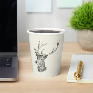 Hirschbuck Kopf mit Antlern Schwarz und Weiß Kunst Pappbecher