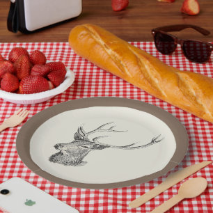 Hirschbuck Kopf mit Antlern Schwarz und Weiß Kunst Pappteller