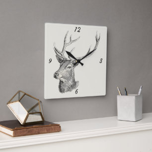 Hirschbuck Kopf mit Antlern Schwarz und Weiß Kunst Quadratische Wanduhr