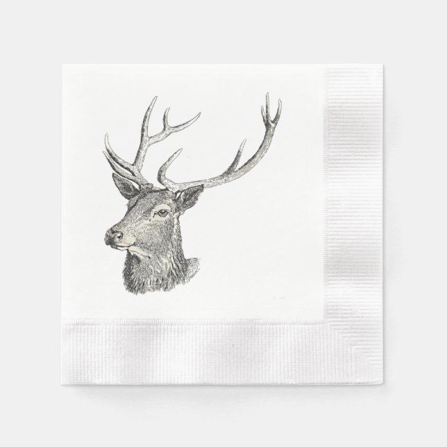 Hirschbuck Kopf mit Antlern Schwarz und Weiß Kunst Serviette (Vorderseite)