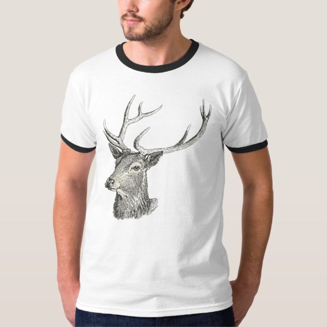 Hirschbuck Kopf mit Antlern Schwarz und Weiß Kunst T-Shirt (Vorderseite)