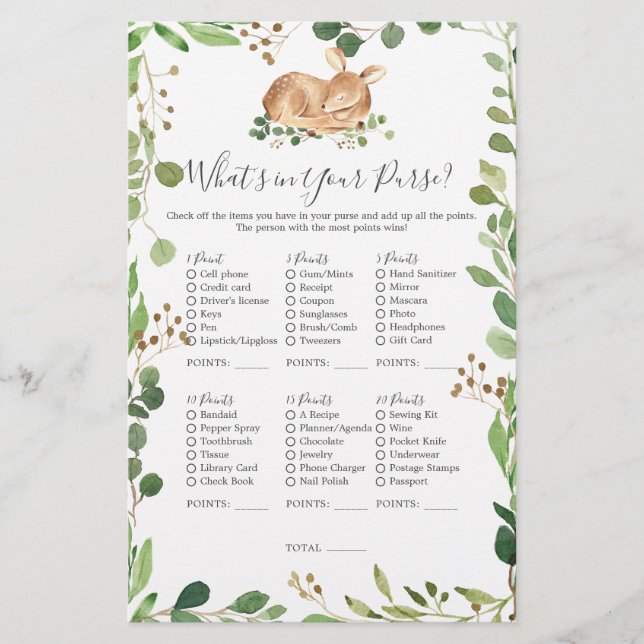 Hirschdusche, was in Ihrer Tasche ist (Vorderseite)