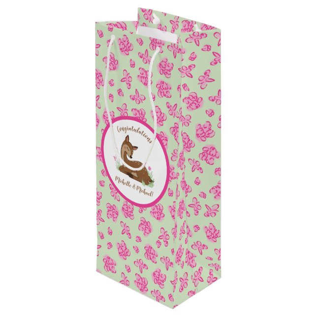 Hirschdusche Woodland Pink Geschenktüte Für Weinflaschen (Rückseite Schrägansicht)