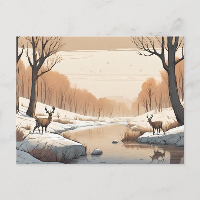 Hirsche an der Wildlife Winter Landschaft Postkarte (Vorderseite)