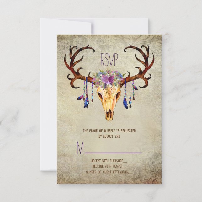 Hirsche Antler Skull Rustic Country Wedding UAWG RSVP Karte (Vorderseite)