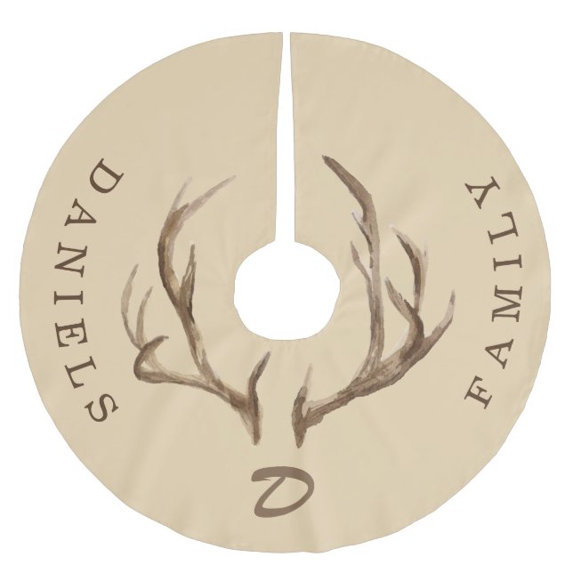 Hirsche antlers rustikales mit Monogramm Familienn Polyester Weihnachtsbaumdecke (Vorderseite)