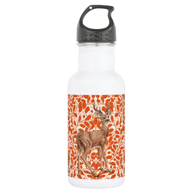 Hirsche auf dekorativen Eichenfeuermustern in dunk Edelstahlflasche (Vorderseite)