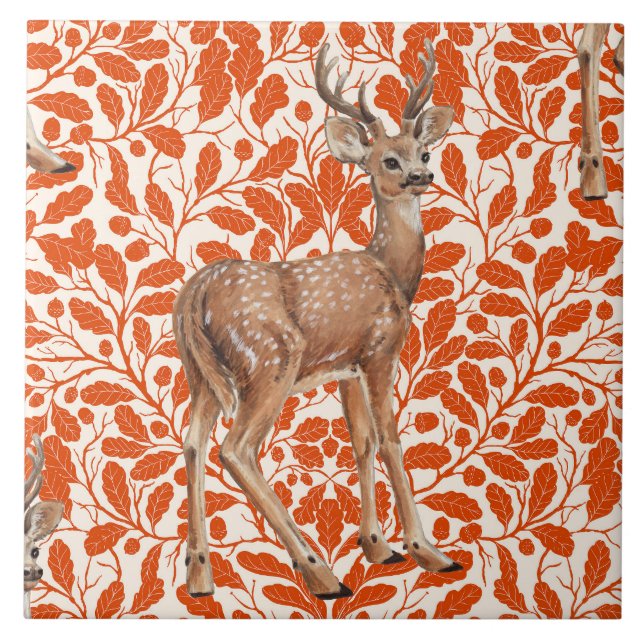 Hirsche auf dekorativen Eichenfeuermustern in dunk Fliese (Vorderseite)
