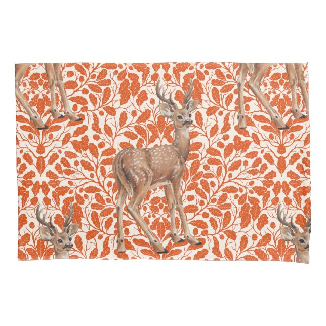 Hirsche auf dekorativen Eichenfeuermustern in dunk Kissenbezug (Vorderseite-Links)