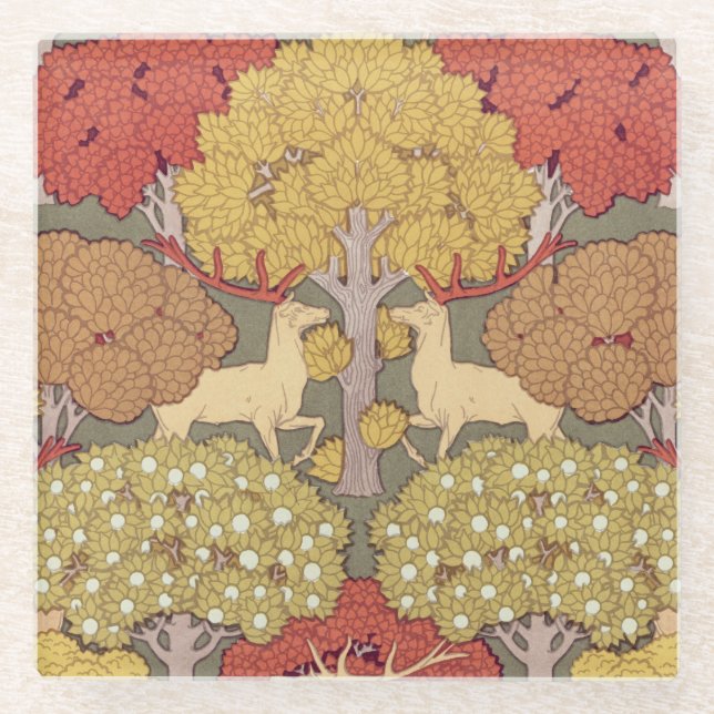 Hirsche, Bäume, Eichhörnchen, Vögel, Rowan Berries Glasuntersetzer (Vorderseite)