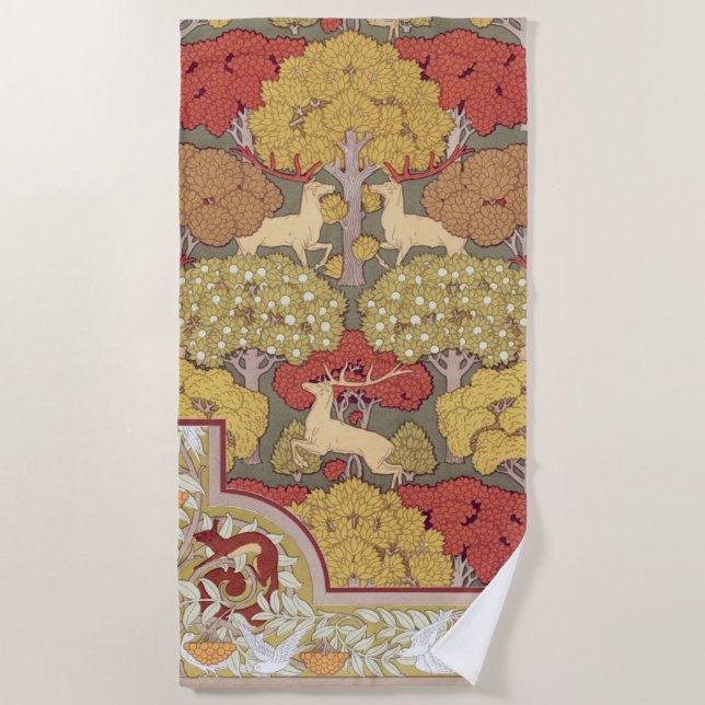Hirsche, Bäume, Eichhörnchen, Vögel, Rowan Berries Strandtuch (Vorderseite)