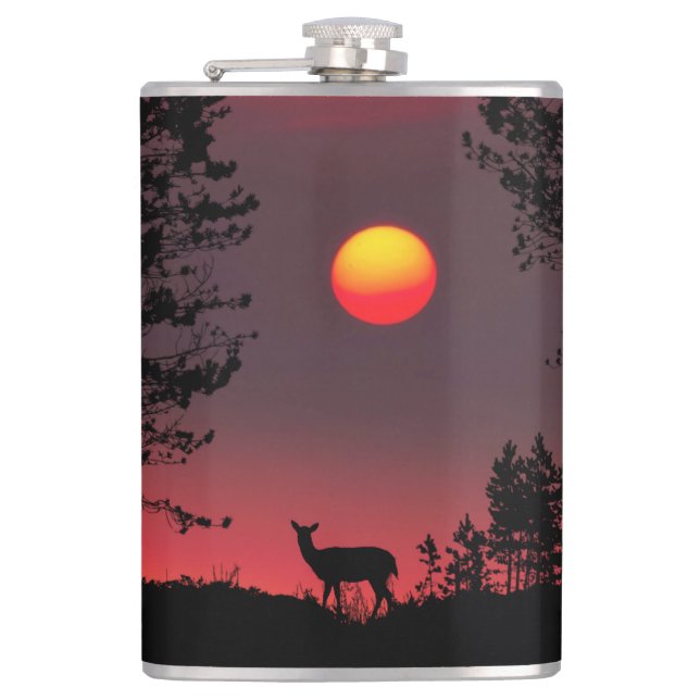 Hirsche bei Sonnenuntergang Flachmann (Vorderseite)