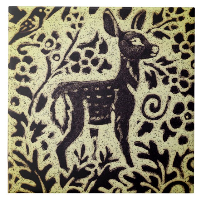 Hirsche Fawn Gray Green Stoneware Foliage Woodland Fliese (Vorderseite)