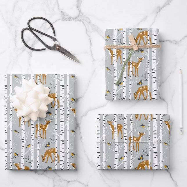 Hirsche Fawns White Birrest Forest Birds Gift Geschenkpapier Set (Vorderseite)