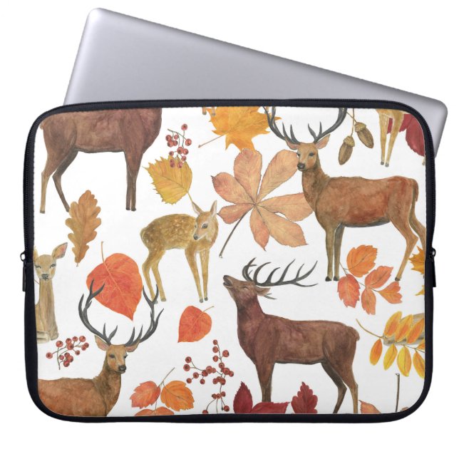 Hirsche, Herbstblätter: Aquarellmuster. Laptopschutzhülle (Vorderseite)