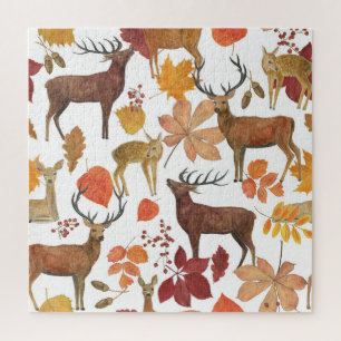 Hirsche, Herbstblätter: Aquarellmuster. Puzzle