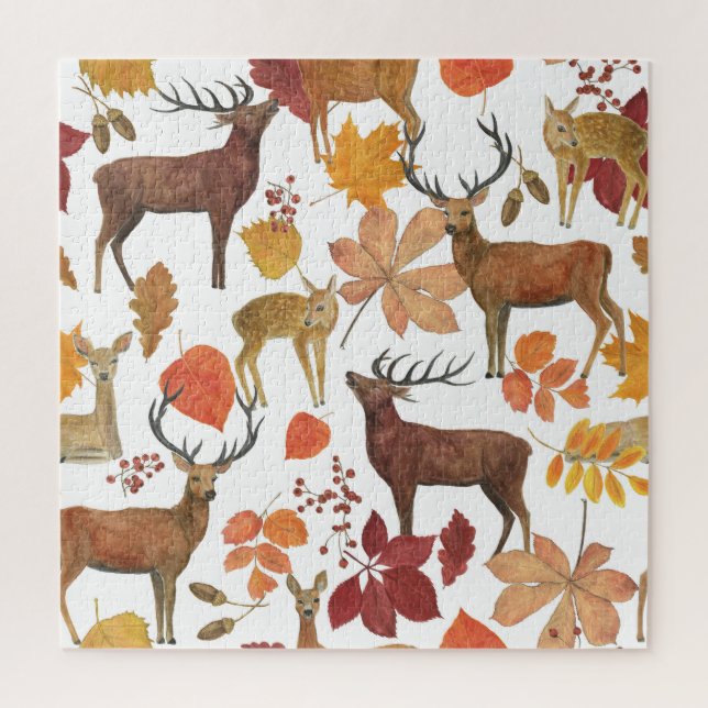 Hirsche, Herbstblätter: Aquarellmuster. Puzzle (Vertikal)