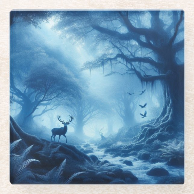 Hirsche im Dunklen Wald der blauen Haze Glasuntersetzer (Vorderseite)