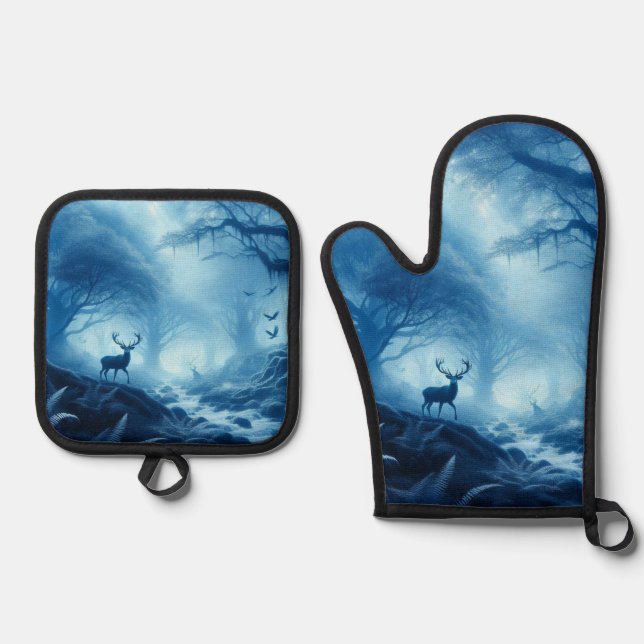 Hirsche im Dunklen Wald der blauen Haze Ofenhandschuh & Topflappen-Set (Vorderseite)