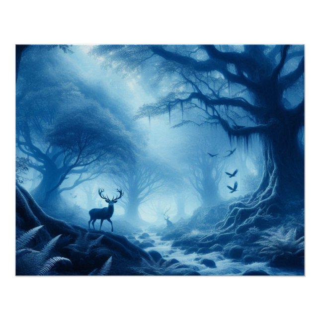 Hirsche im Dunklen Wald der blauen Haze Poster (Vorderseite)