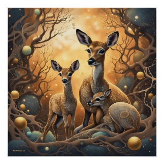 Hirsche im Fantasy-Wald Poster