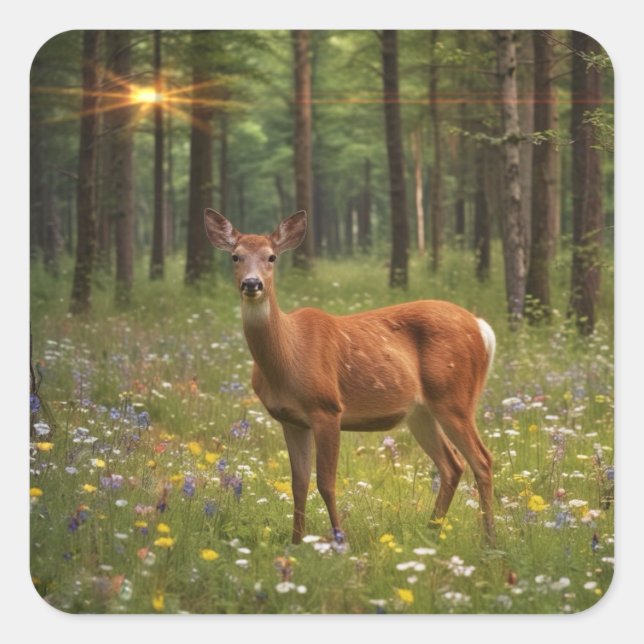 Hirsche im Magischen Wald Quadratischer Aufkleber (Vorderseite)