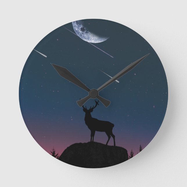 Hirsche im Mondschein Runde Wanduhr (Vorderseite)