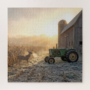 Hirsche im Morgennebel mit Landwirtschlepper Puzzle
