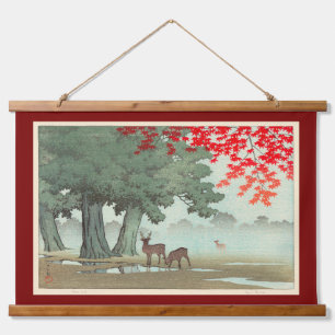 Hirsche im Nara Park, Hasui Kawase, Holzschnitt Wandteppich Mit Holzrahmen