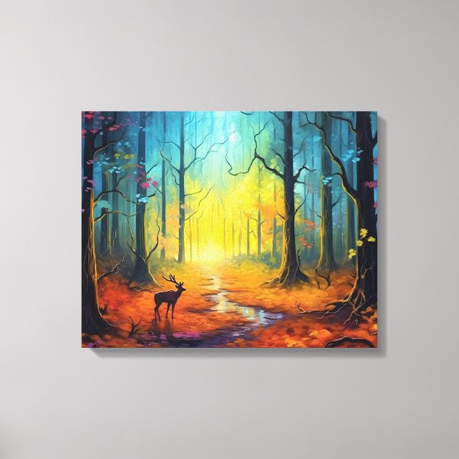 Hirsche im Regenbogen-Herbstwald Leinwanddruck (Vorderseite)