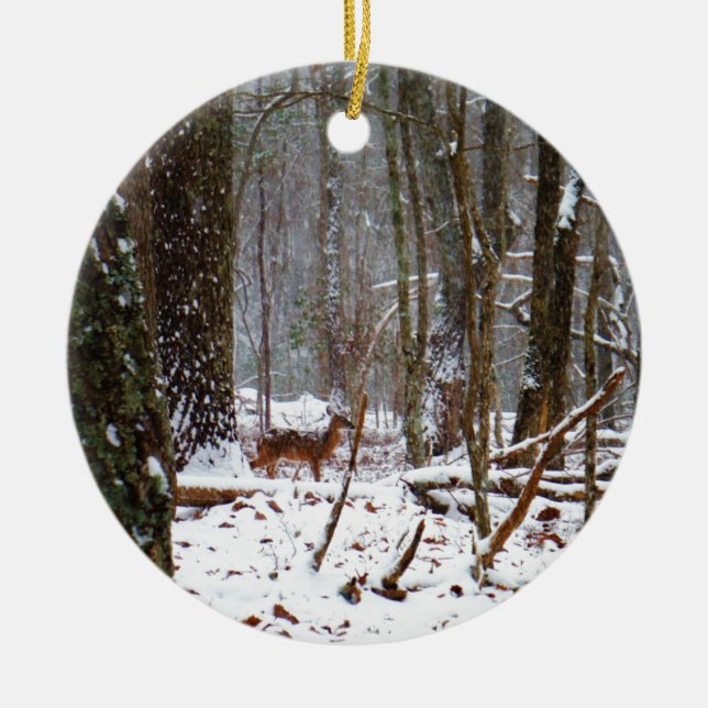 Hirsche im Schnee fallen Keramik Ornament (Vorne)