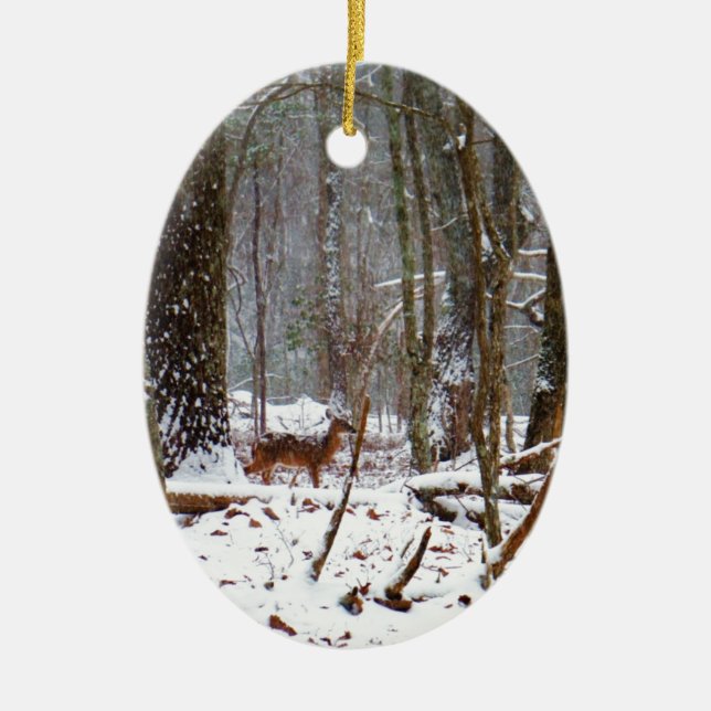 Hirsche im Schnee fallen Keramik Ornament (Vorne)