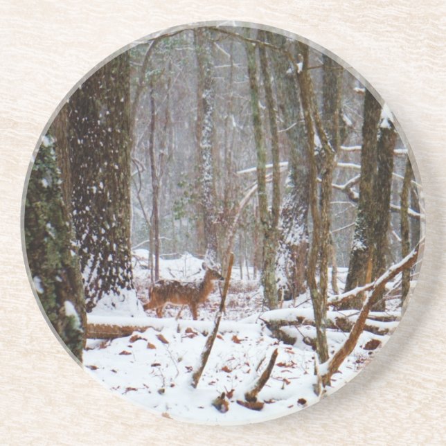 Hirsche im Schnee fallen Sandstein Untersetzer (Vorne)