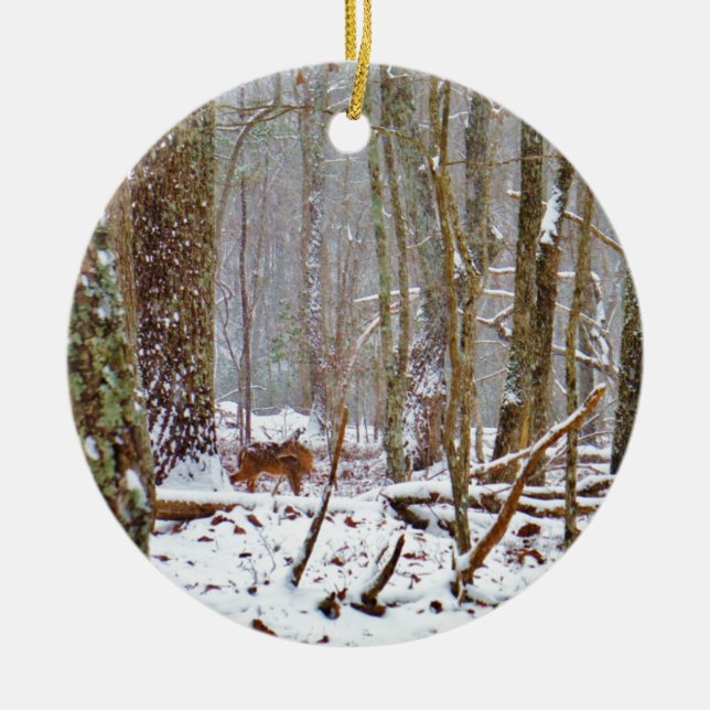 Hirsche im Schnee, lecken Bein Keramik Ornament (Vorne)