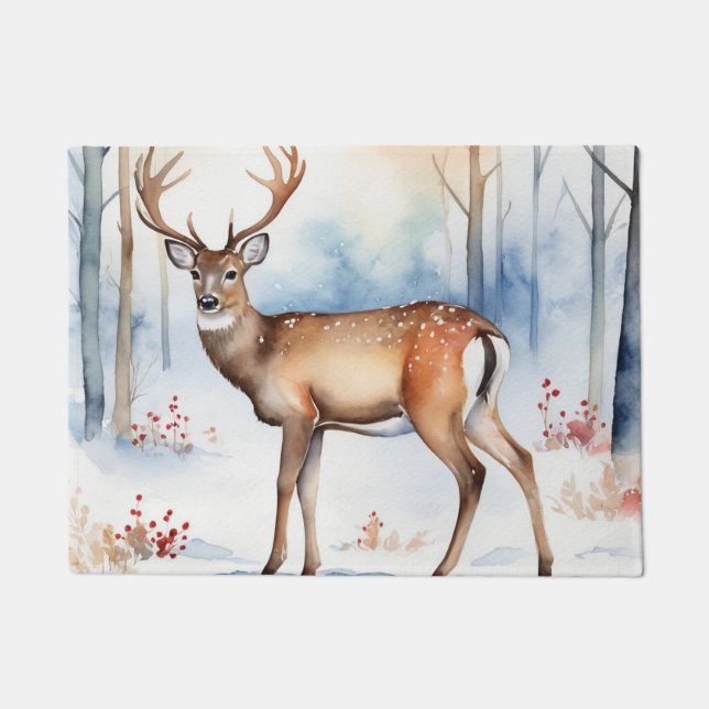 Hirsche im Schneewald Weihnachtsbaumen Wasserfarbe Fußmatte (Vorderseite)