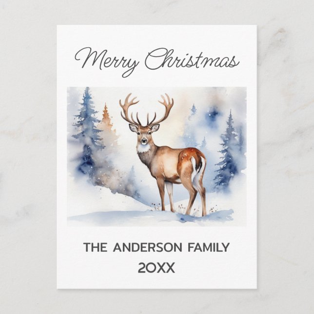 Hirsche im Schneewald Weihnachtsbaumen Wasserfarbe Postkarte (Vorderseite)