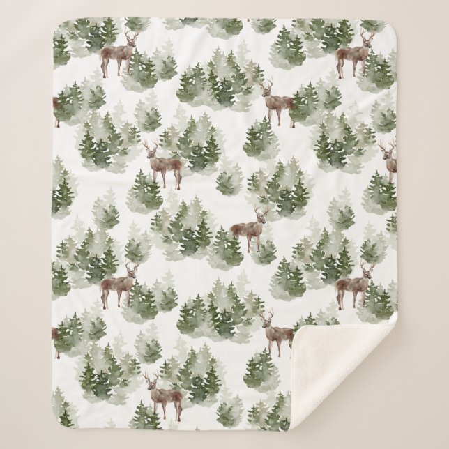 Hirsche im Wald Evergreen Fleece Blanket Sherpadecke (Vorderseite)