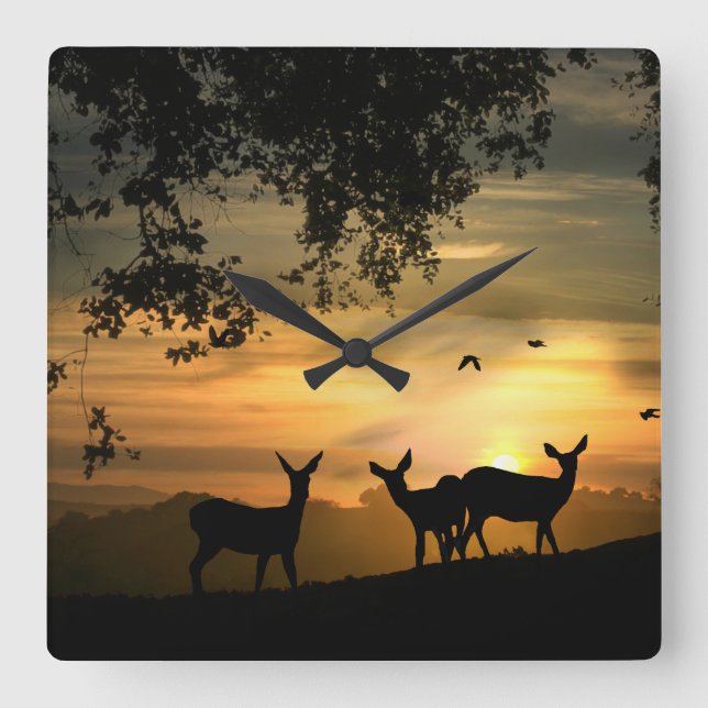 Hirsche im Wald Quadratische Wanduhr (Vorderseite)