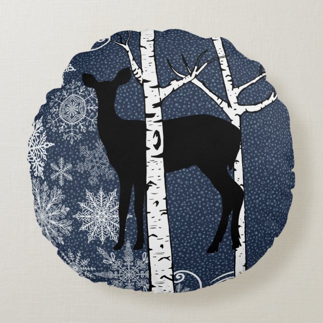 Hirsche im Winter Birch Forest Round Pillow Rundes Kissen (Vorderseite)