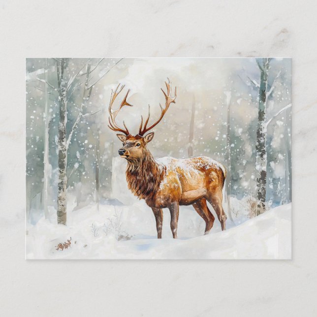 Hirsche im Winterwald mit Schnee Aquarellmalerei Postkarte (Vorderseite)