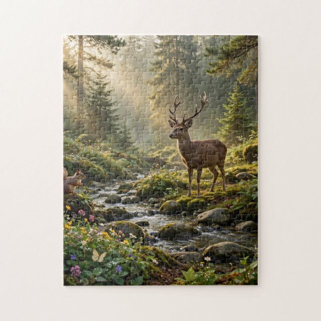 Hirsche in einem nebligen Wald Puzzle (Vertikal)