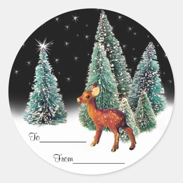 Hirsche in Starry Woods Gift Tags Runder Aufkleber (Vorderseite)