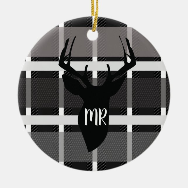 Hirsche Kariert Monogramm Weihnachtskreislauf Keramik Ornament (Vorne)