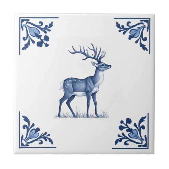 Hirsche mit Anglern Delft Blue und White Corners Fliese (Vorderseite)