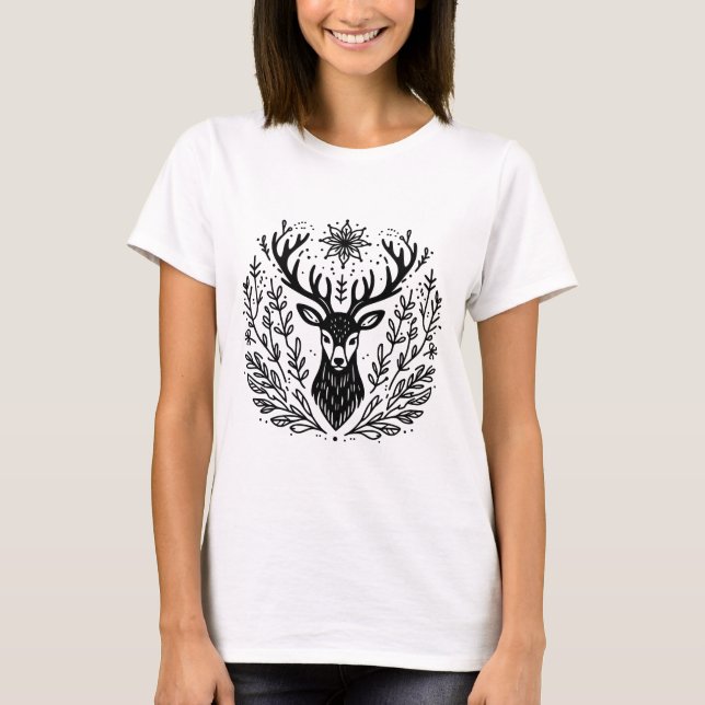 Hirsche mit Antlern Botanische Linie Kunst T-Shirt (Vorderseite)