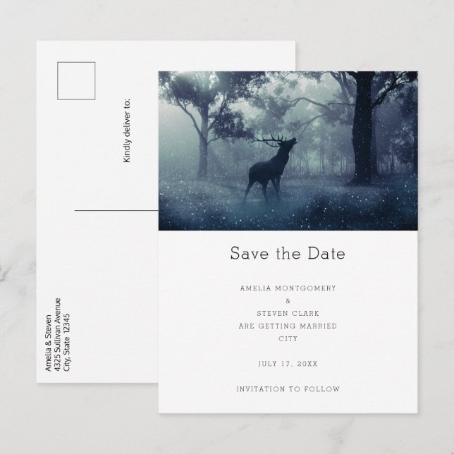 Hirsche mit Antlern im Schattenwald Hochzeit Ankündigungspostkarte (Vorne/Hinten)