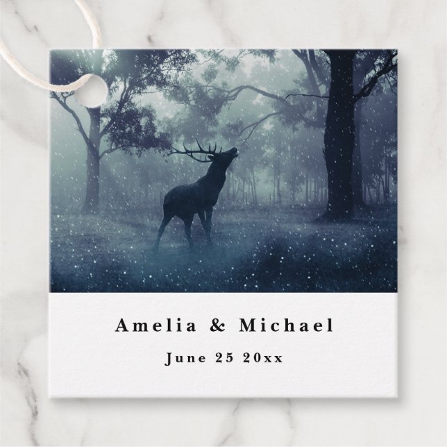 Hirsche mit Antlern im Schattenwald - Hochzeit Geschenkanhänger (Vorderseite)