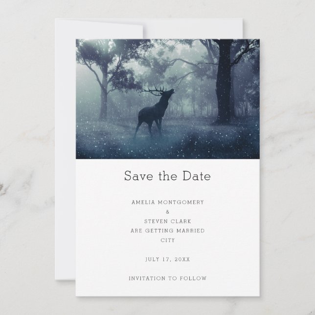 Hirsche mit Antlern im Schattenwald Hochzeit Save The Date (Vorderseite)